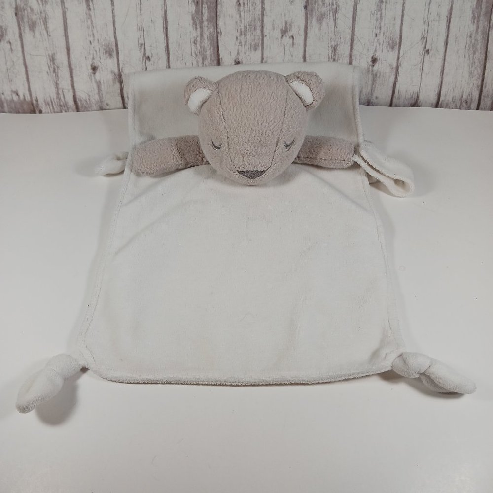 Carter's Tan Sleeping Bear Baby Lovey White Security Blanket Rattle Loop